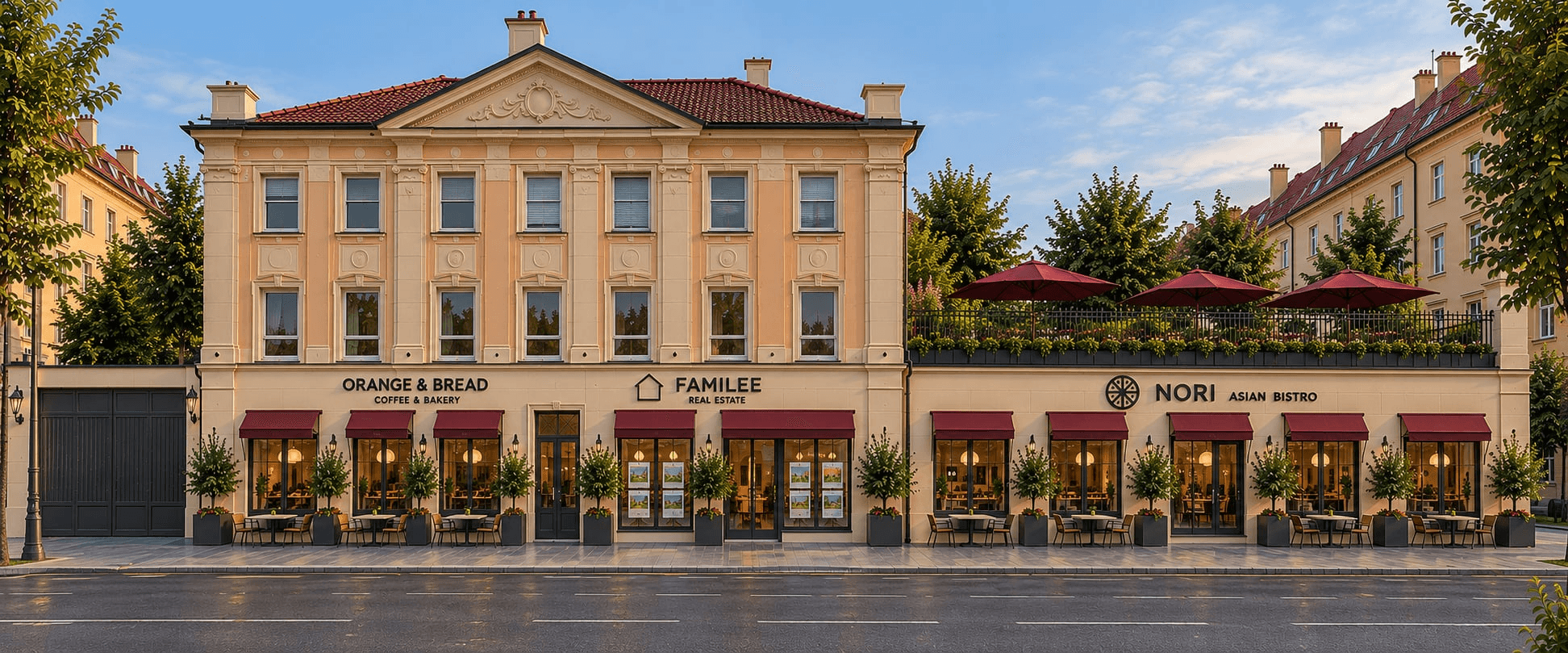 Vizualizace domu masarykova60 s Coffee and Bread a restaurací NORI v přízemí